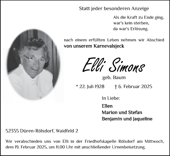 Traueranzeige von Elli Simons von Zeitung am Sonntag
