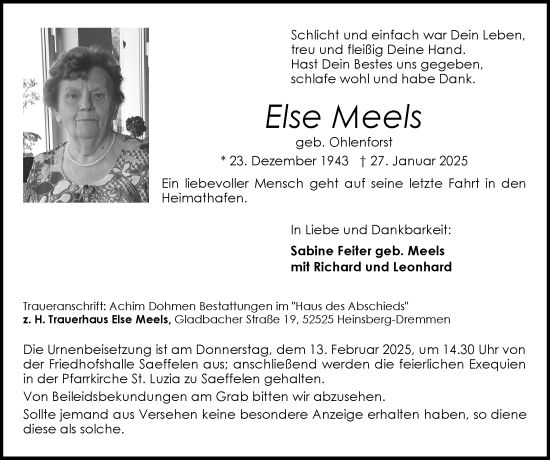 Traueranzeige von Else Meels von Zeitung am Sonntag