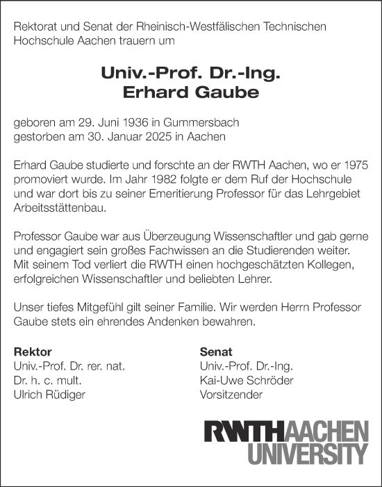 Traueranzeige von Erhard Gaube von Aachener Zeitung