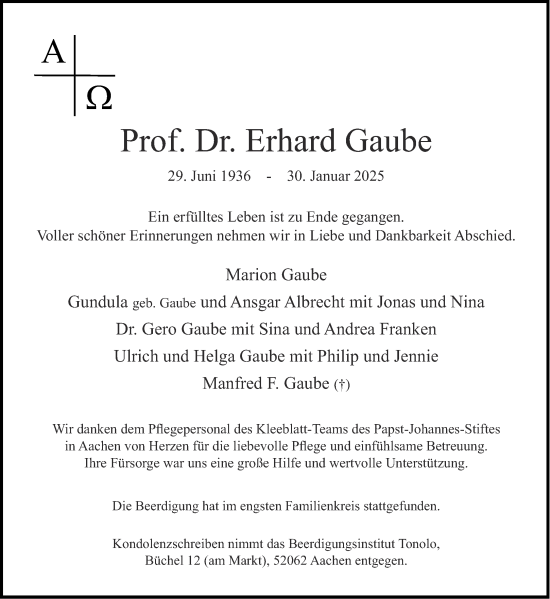 Traueranzeige von Erhard Gaube von Aachener Zeitung