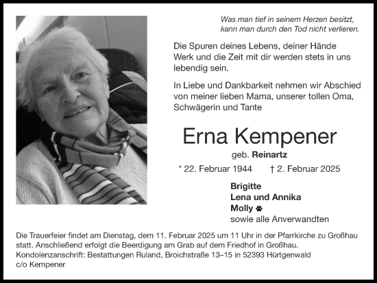 Traueranzeige von Erna Kempener von Zeitung am Sonntag