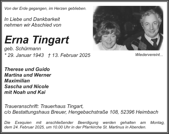 Traueranzeige von Erna Tingart von Zeitung am Sonntag