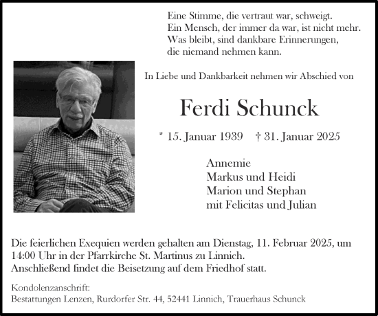 Traueranzeige von Ferdi Schunck von Zeitung am Sonntag