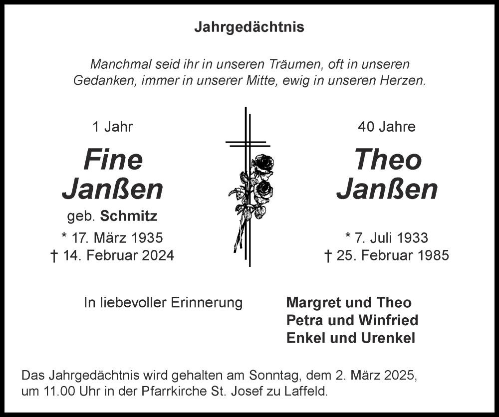  Traueranzeige für Fine Janßen vom 23.02.2025 aus Zeitung am Sonntag