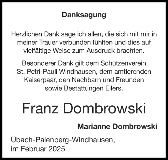 Traueranzeige von Franz Dombrowski von Zeitung am Sonntag