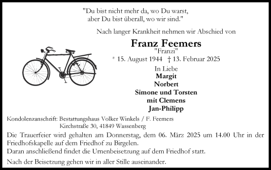 Traueranzeige von Franz Feemers von Zeitung am Sonntag