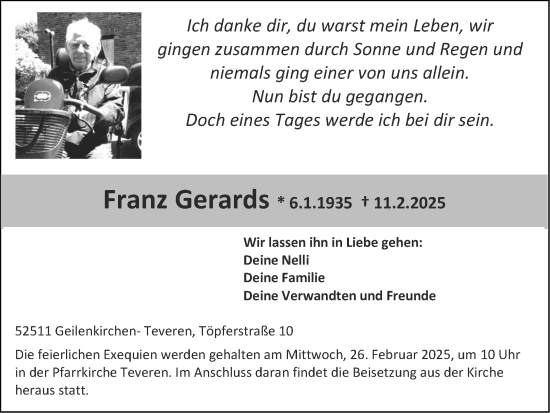 Traueranzeige von Franz Gerards von Zeitung am Sonntag