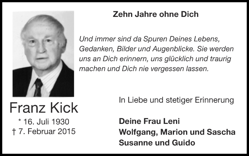  Traueranzeige für Franz Kick vom 09.02.2025 aus Zeitung am Sonntag