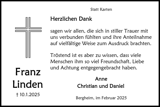 Traueranzeige von Franz Linden von Zeitung am Sonntag