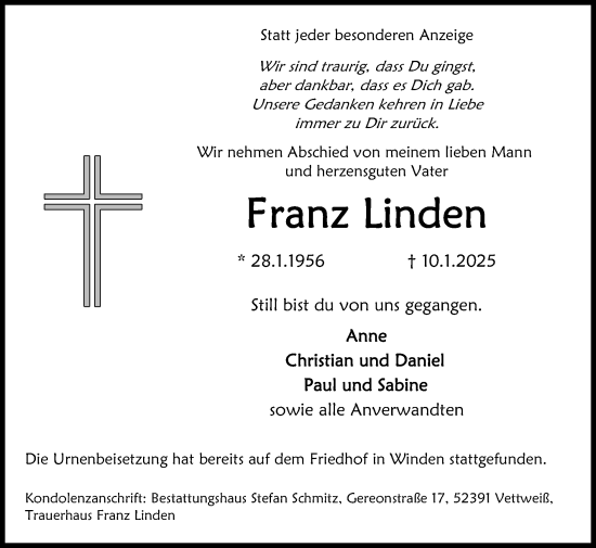 Traueranzeige von Franz Linden von Zeitung am Sonntag