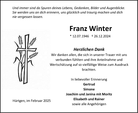 Traueranzeige von Franz Winter von Zeitung am Sonntag