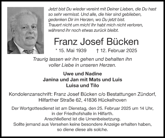 Traueranzeige von Franz Josef Bücken von Zeitung am Sonntag