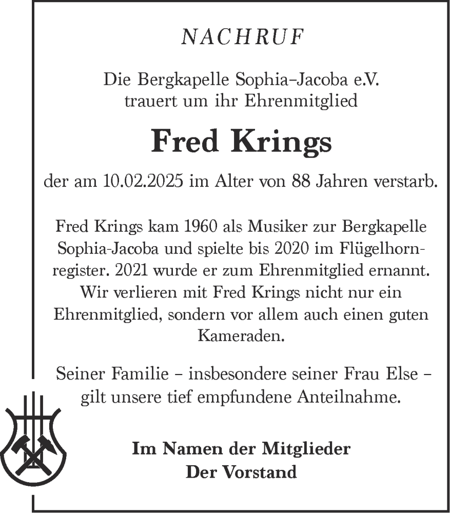  Traueranzeige für Fred Krings vom 23.02.2025 aus Zeitung am Sonntag