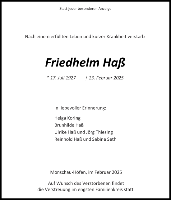 Traueranzeige von Friedhelm Haß von Zeitung am Sonntag