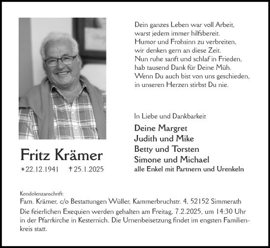 Traueranzeige von Fritz Krämer von Zeitung am Sonntag
