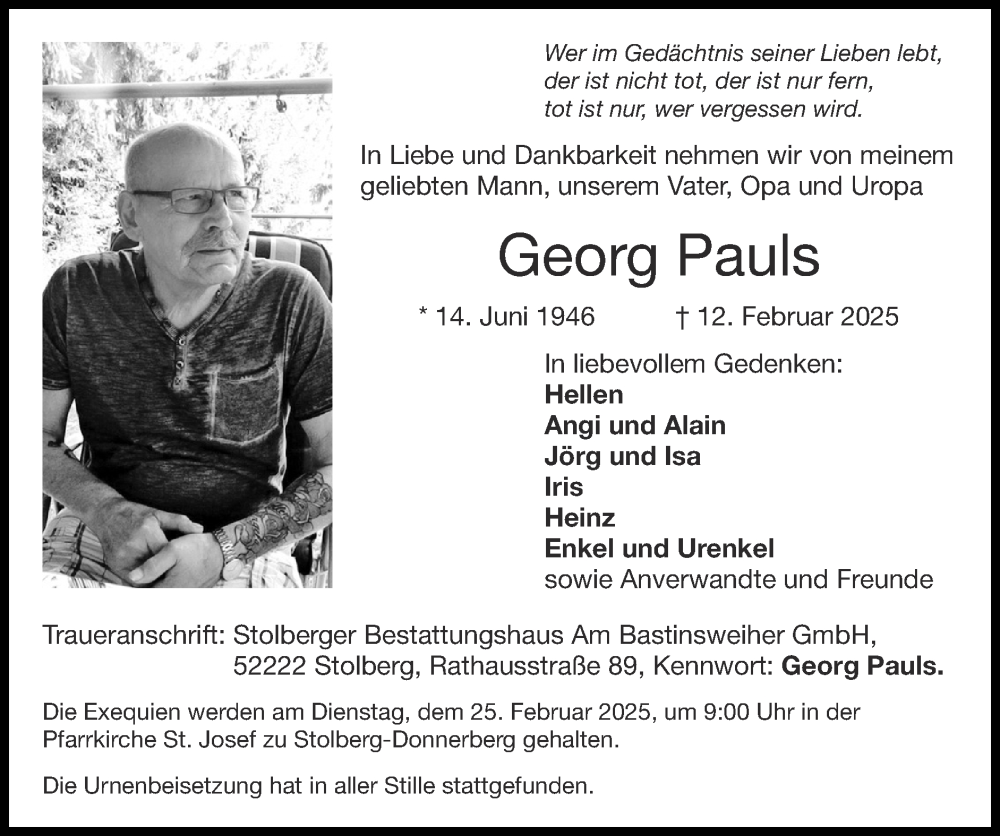  Traueranzeige für Georg Pauls vom 23.02.2025 aus Zeitung am Sonntag