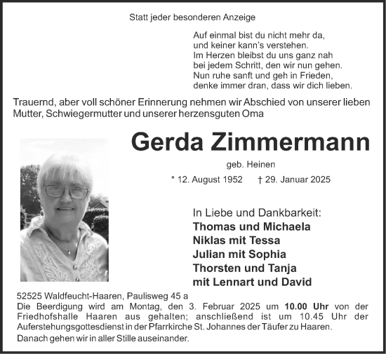 Traueranzeige von Gerda Zimmermann von Zeitung am Sonntag