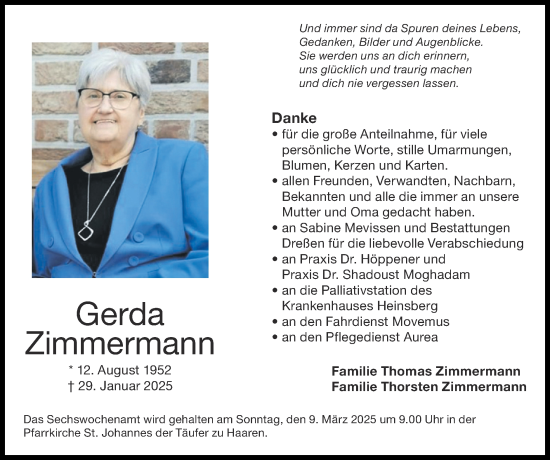 Traueranzeige von Gerda Zimmermann von Zeitung am Sonntag
