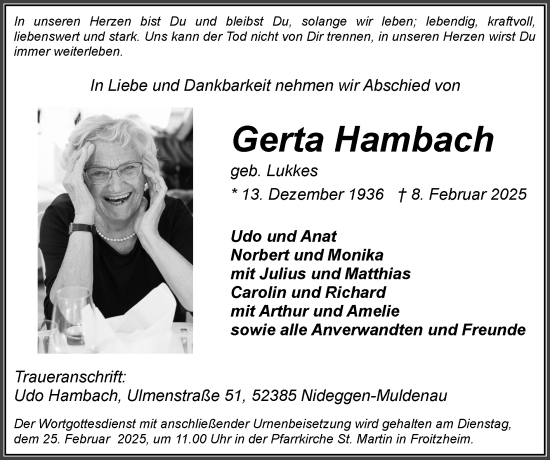 Traueranzeige von Gerta Hambach von Zeitung am Sonntag