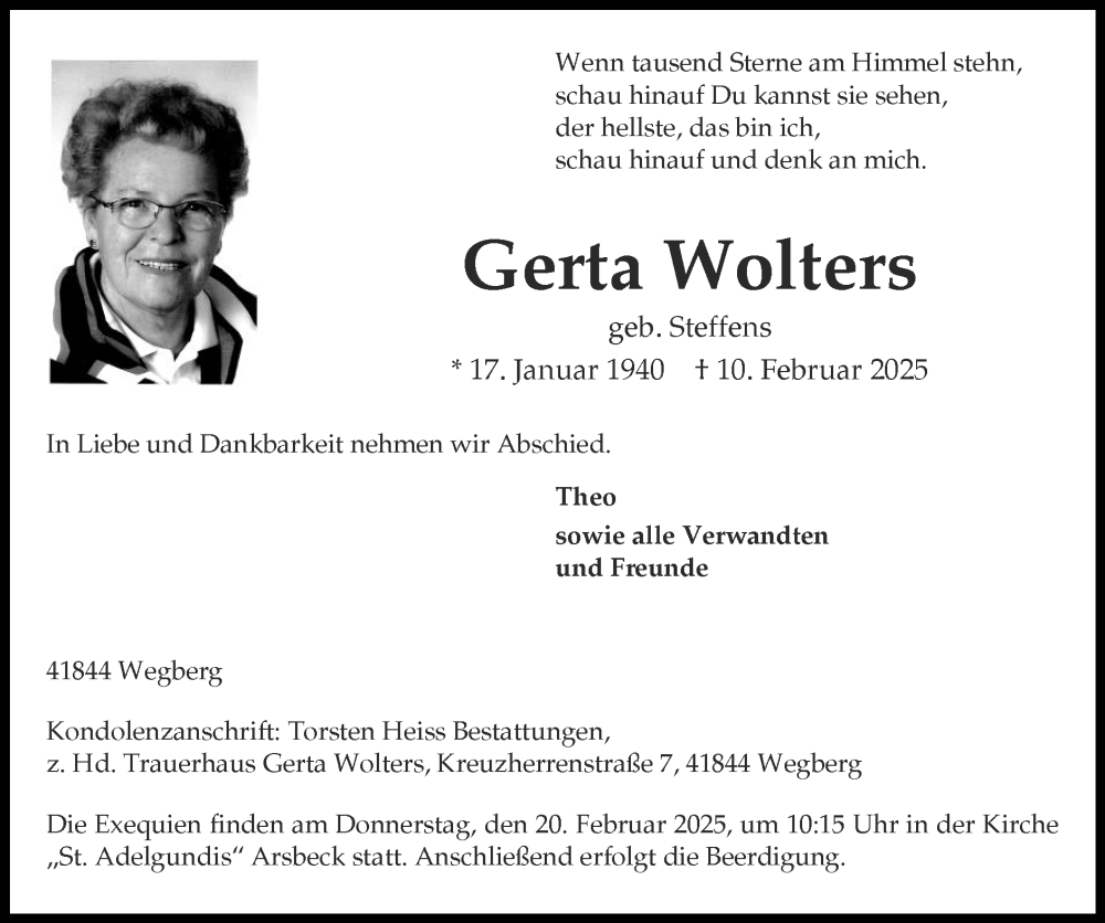  Traueranzeige für Gerta Wolters vom 16.02.2025 aus Zeitung am Sonntag