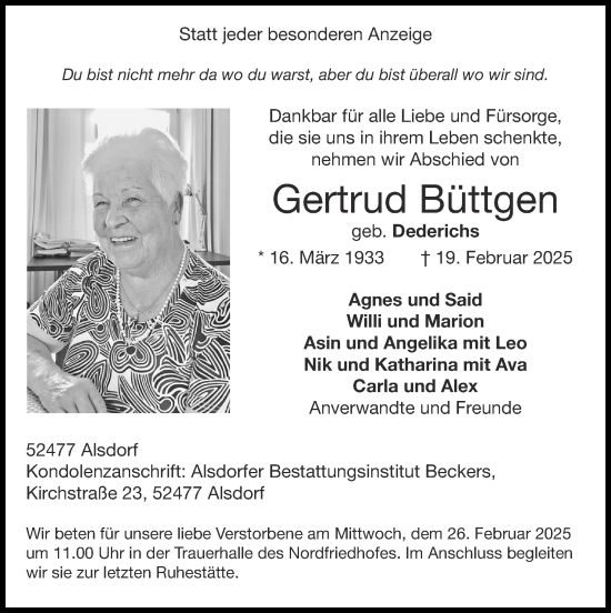 Traueranzeige von Gertrud Büttgen von Zeitung am Sonntag