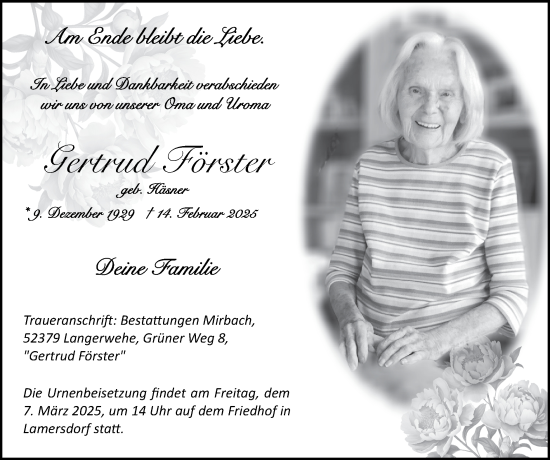 Traueranzeige von Gertrud Förster von Zeitung am Sonntag
