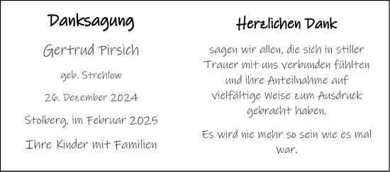 Traueranzeige von Gertrud Pirsich von Zeitung am Sonntag