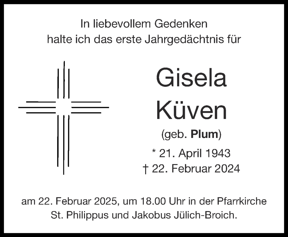  Traueranzeige für Gisela Küven vom 16.02.2025 aus Zeitung am Sonntag
