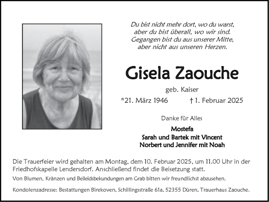 Traueranzeige von Gisela Zaouche von Zeitung am Sonntag