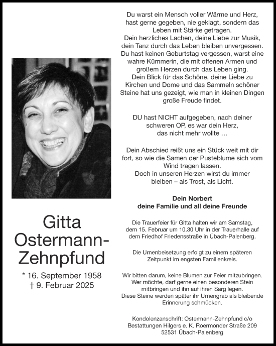 Traueranzeige von Gitta Ostermann-Zehnpfund von Zeitung am Sonntag