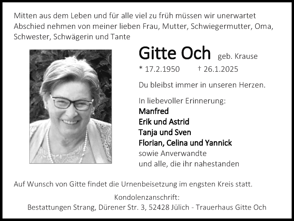  Traueranzeige für Gitte Och vom 09.02.2025 aus Zeitung am Sonntag