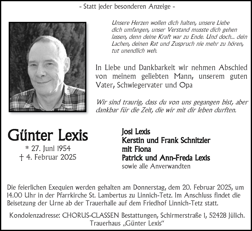  Traueranzeige für Günter Lexis vom 16.02.2025 aus Zeitung am Sonntag