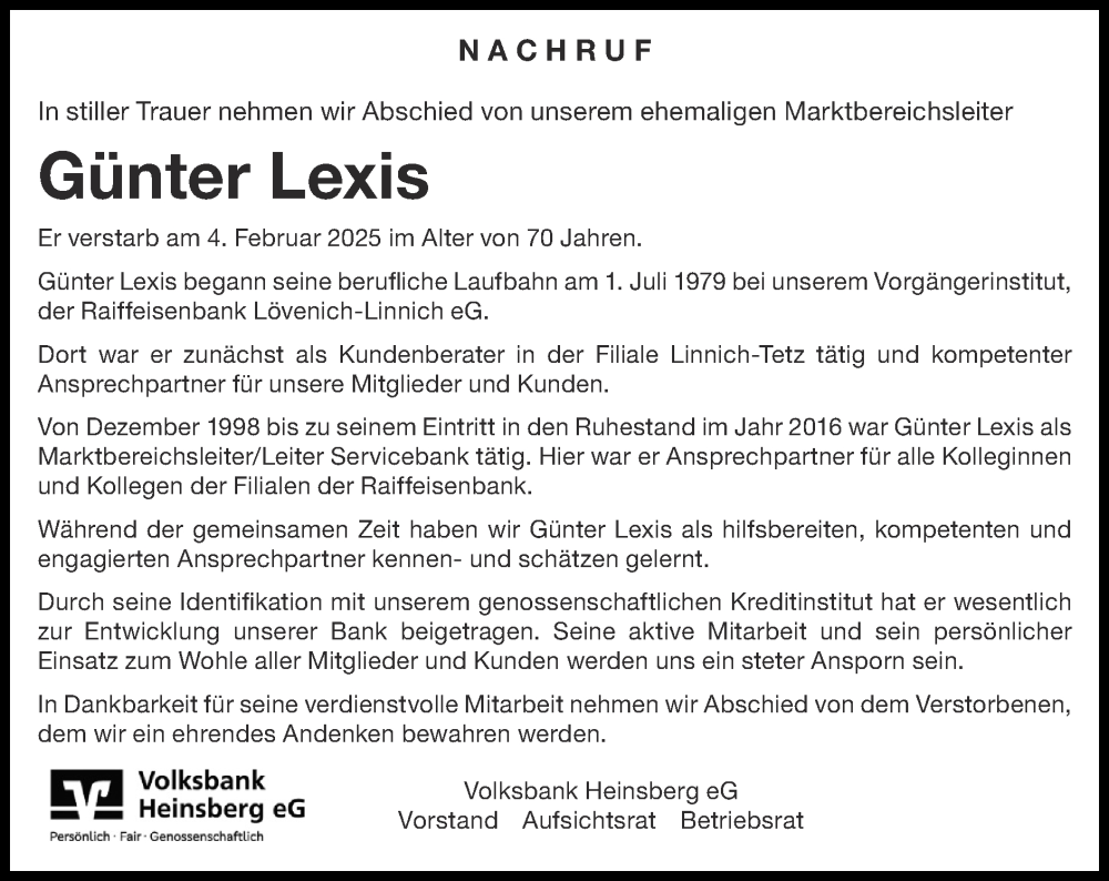  Traueranzeige für Günter Lexis vom 23.02.2025 aus Zeitung am Sonntag