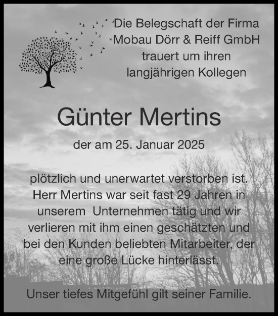 Traueranzeige von Günter Mertins von Zeitung am Sonntag
