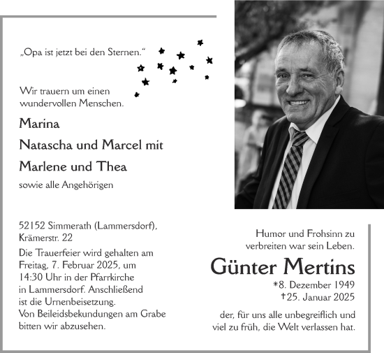 Traueranzeige von Günter Mertins von Zeitung am Sonntag