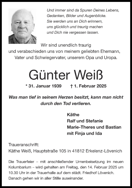 Traueranzeige von Günter Weiß von Zeitung am Sonntag