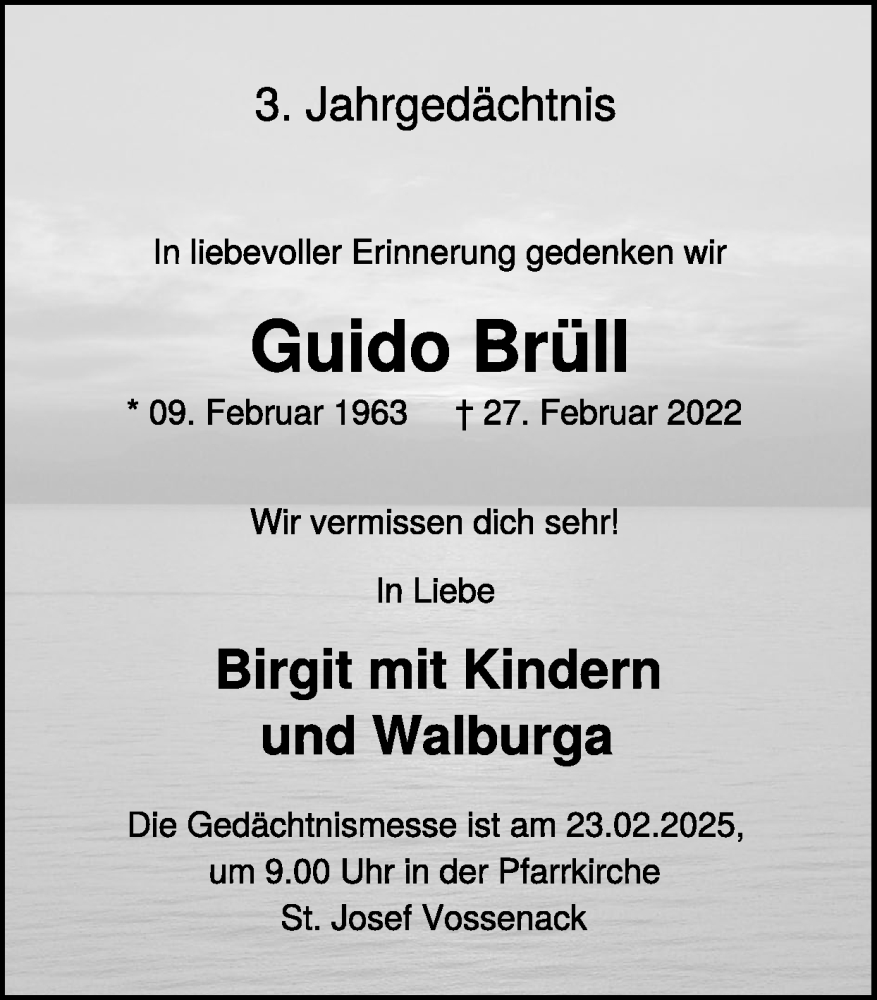  Traueranzeige für Guido Brüll vom 16.02.2025 aus Zeitung am Sonntag