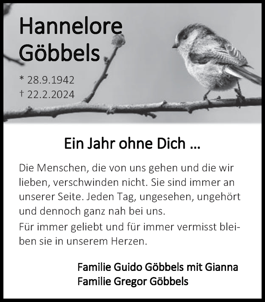 Traueranzeige für Hannelore Göbbels vom 23.02.2025 aus Zeitung am Sonntag