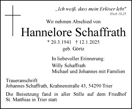 Traueranzeige von Hannelore Schaffrath von Zeitung am Sonntag