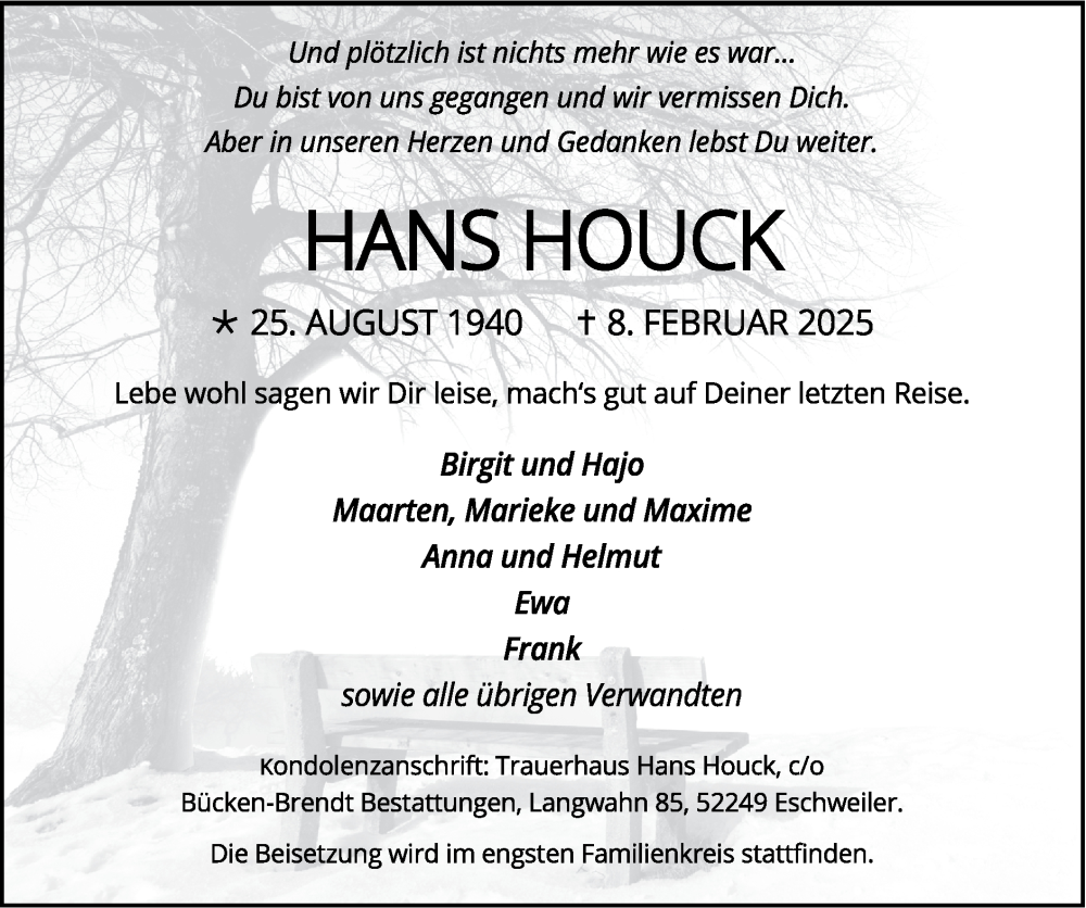  Traueranzeige für Hans Houck vom 23.02.2025 aus Zeitung am Sonntag