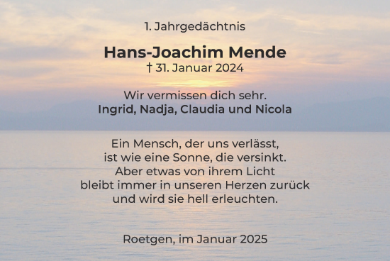 Traueranzeige von Hans-Joachim Mende von Zeitung am Sonntag