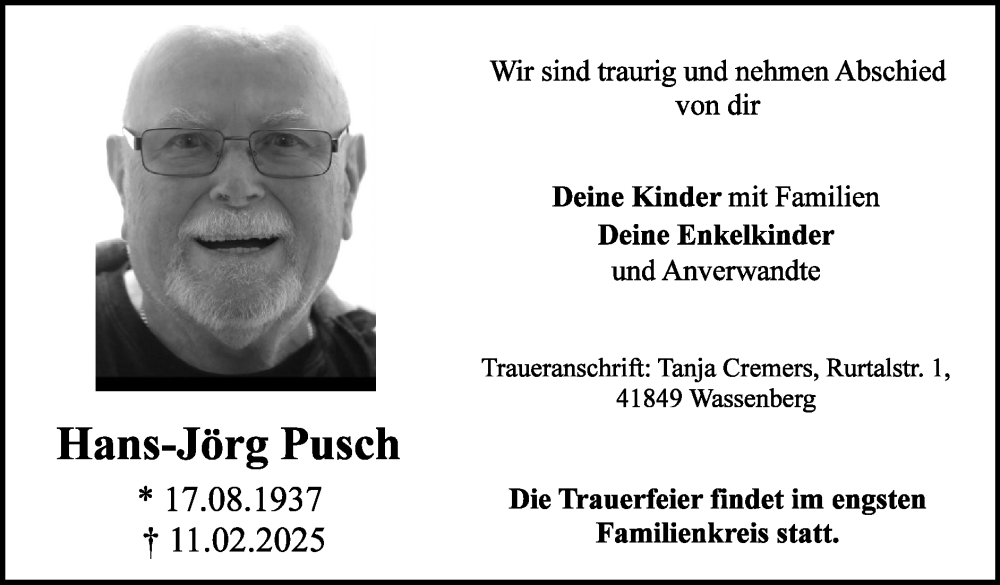 Traueranzeige für Hans-Jörg Pusch vom 16.02.2025 aus Zeitung am Sonntag