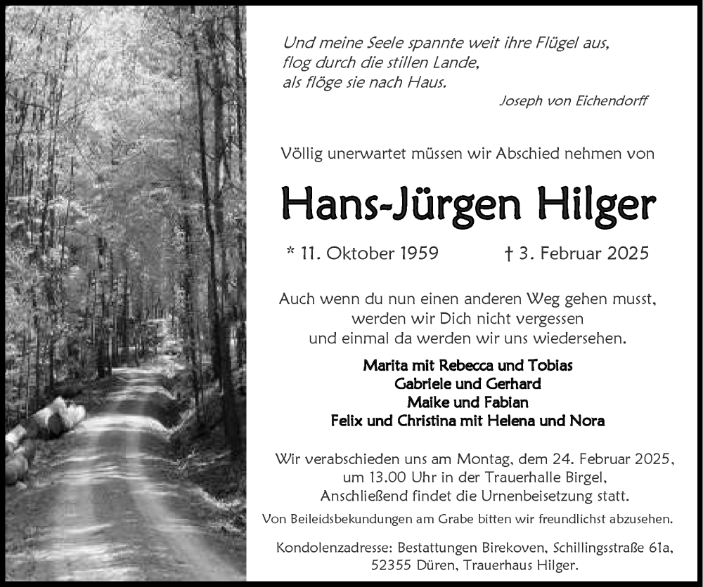  Traueranzeige für Hans-Jürgen Hilger vom 16.02.2025 aus Zeitung am Sonntag