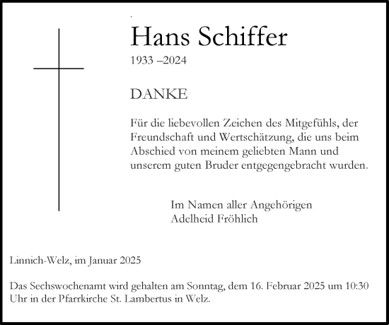 Traueranzeige von Hans Schiffer von Zeitung am Sonntag