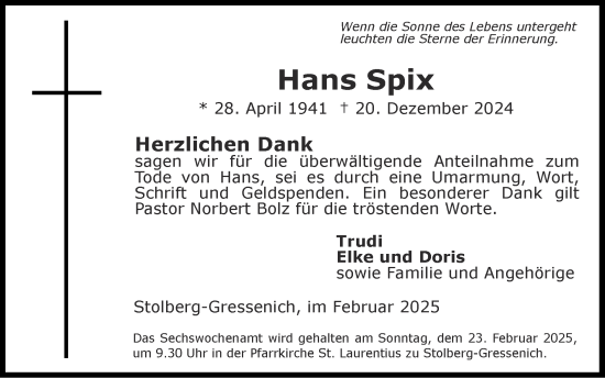 Traueranzeige von Hans Spix von Zeitung am Sonntag