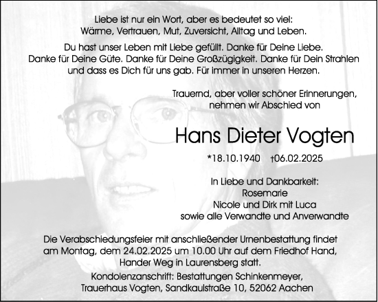 Traueranzeige von Hans Dieter Vogten von Aachener Zeitung