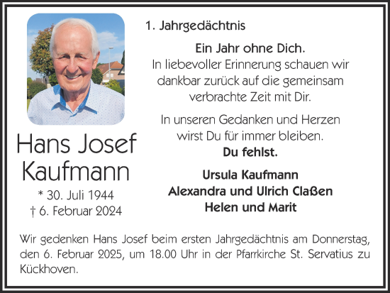 Traueranzeige von Hans Josef Kaufmann von Zeitung am Sonntag