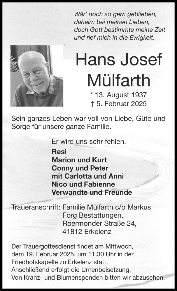  Traueranzeige für Hans Josef Mülfarth vom 16.02.2025 aus Zeitung am Sonntag