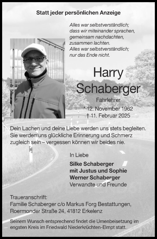  Traueranzeige für Harry Schaberger vom 16.02.2025 aus Zeitung am Sonntag