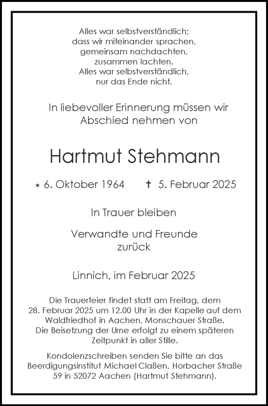 Traueranzeige von Hartmut Stehmann von Zeitung am Sonntag